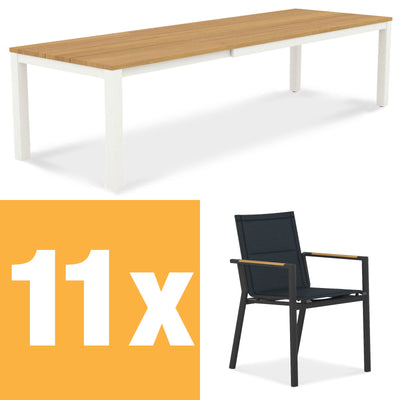 Planka Alu-Frontausziehtisch 310 Set bestehend aus Planka Alu-Frontausziehtisch 310/210 x 100 Teak Grade A gebürstet mit Aluminiumgestell und Gazelig Stapelstühlen aus Aluminium und Batyline
