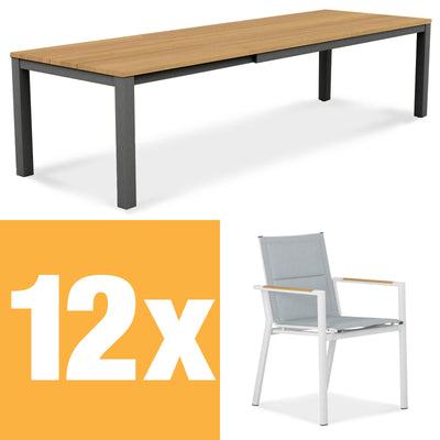 Planka Alu-Frontausziehtisch 310 Set bestehend aus Planka Alu-Frontausziehtisch 310/210 x 100 Teak Grade A gebürstet mit Aluminiumgestell und Gazelig Stapelstühlen aus Aluminium und Batyline