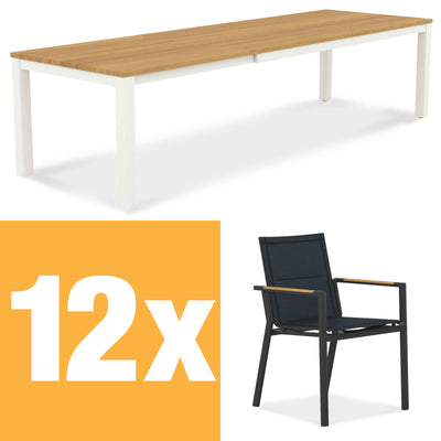 Planka Alu-Frontausziehtisch 310 Set bestehend aus Planka Alu-Frontausziehtisch 310/210 x 100 Teak Grade A gebürstet mit Aluminiumgestell und Gazelig Stapelstühlen aus Aluminium und Batyline