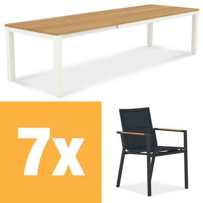 Planka Alu-Frontausziehtisch 310 Set bestehend aus Planka Alu-Frontausziehtisch 310/210 x 100 Teak Grade A gebürstet mit Aluminiumgestell und Gazelig Stapelstühlen aus Aluminium und Batyline