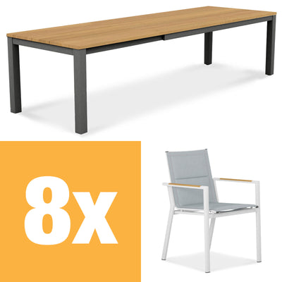Planka Alu-Frontausziehtisch 310 Set bestehend aus Planka Alu-Frontausziehtisch 310/210 x 100 Teak Grade A gebürstet mit Aluminiumgestell und Gazelig Stapelstühlen aus Aluminium und Batyline