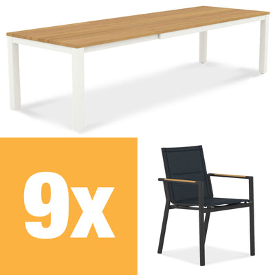 Planka Alu-Frontausziehtisch 310 Set bestehend aus Planka Alu-Frontausziehtisch 310/210 x 100 Teak Grade A gebürstet mit Aluminiumgestell und Gazelig Stapelstühlen aus Aluminium und Batyline