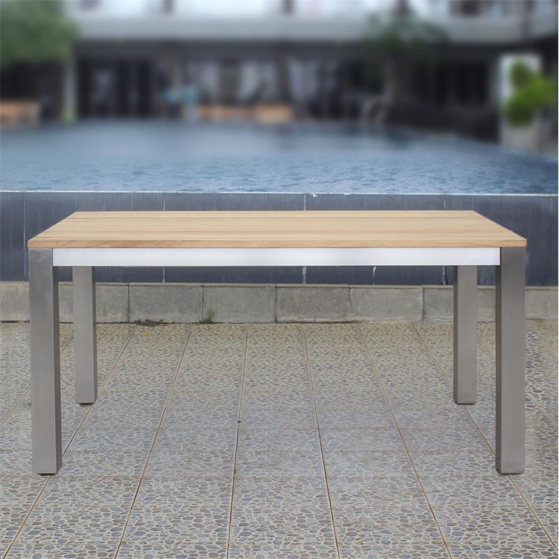 Table à manger Planka 160 x 100 x 76 cm en teck brossé grade A avec structure en acier inoxydable