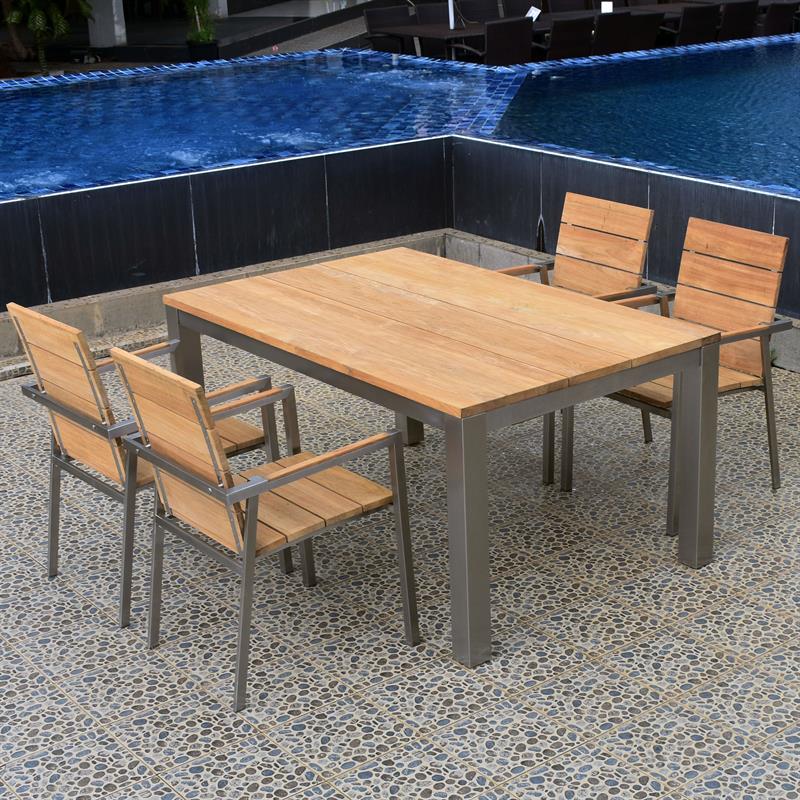 Ensemble de chaises empilables Zilart Teck Naturel 160 composé d'une table à manger Zilart 160 x 100 et de chaises empilables Zilart