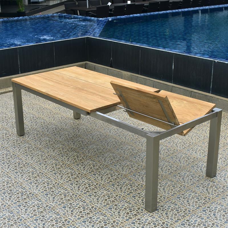 Planka front extending table 230/160 x 100 x 77 cm brushed teak grade A with stainless steel frame