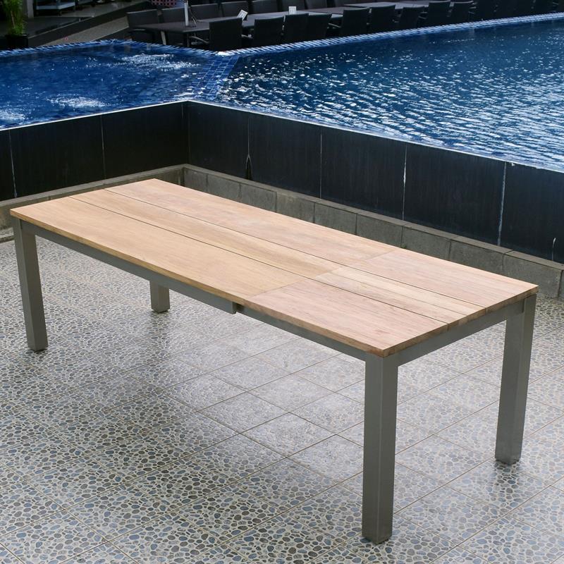 Planka front extending table 250/180 x 90 x 77 cm brushed teak grade A with stainless steel frame