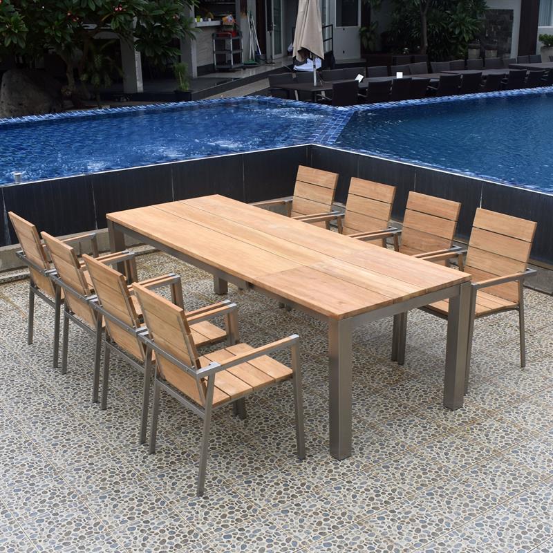 Planka front extending table 250/180 x 90 x 77 cm brushed teak grade A with stainless steel frame