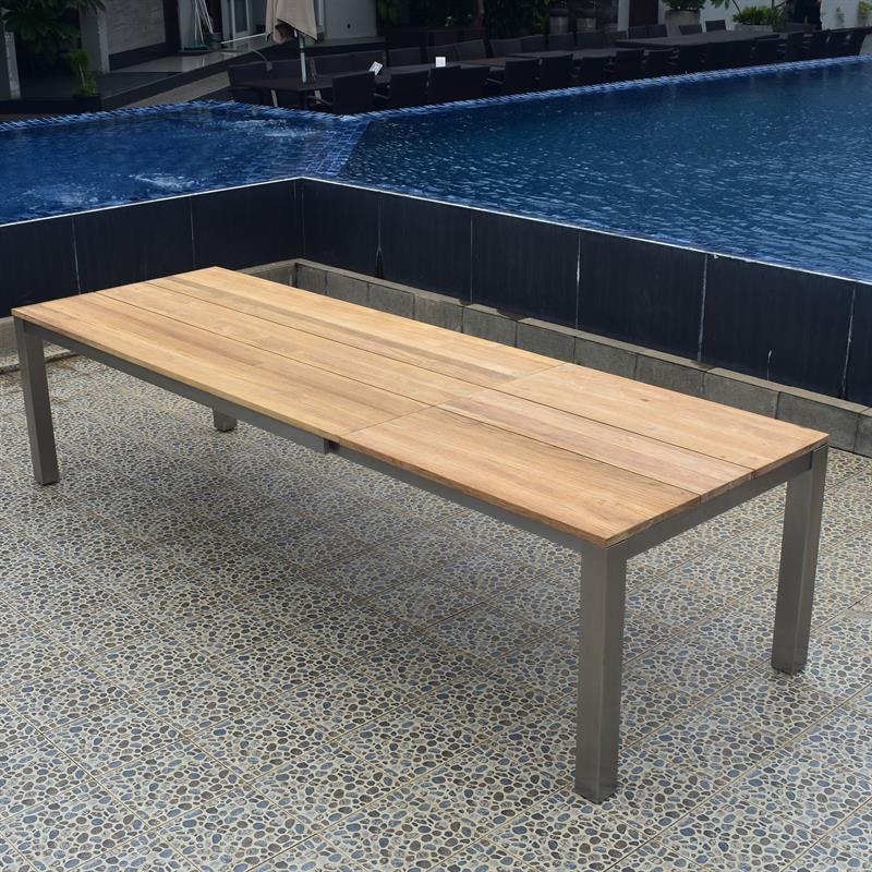 Table à rallonge frontale Planka 310/210 x 100 x 77 cm en teck brossé grade A avec structure en acier inoxydable