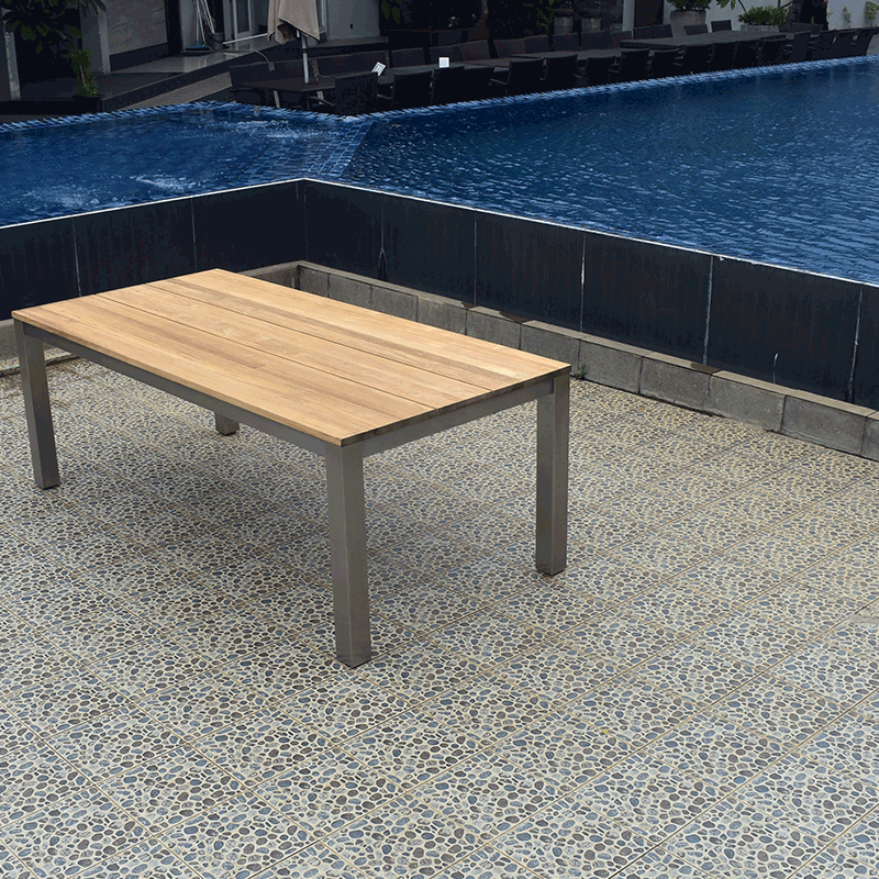 Table à rallonge frontale Planka 310/210 x 100 x 77 cm en teck brossé grade A avec structure en acier inoxydable