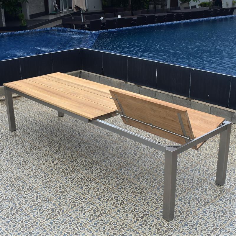 Table à rallonge frontale Planka 310/210 x 100 x 77 cm en teck brossé grade A avec structure en acier inoxydable