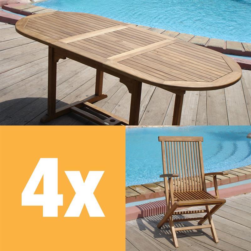 Ensemble Raffles 200 composé d'une table extensible Denver 200/150 x 90 et de chaises pliantes Raffles avec accoudoirs en teck certifié GRADE A + ferrures en laiton