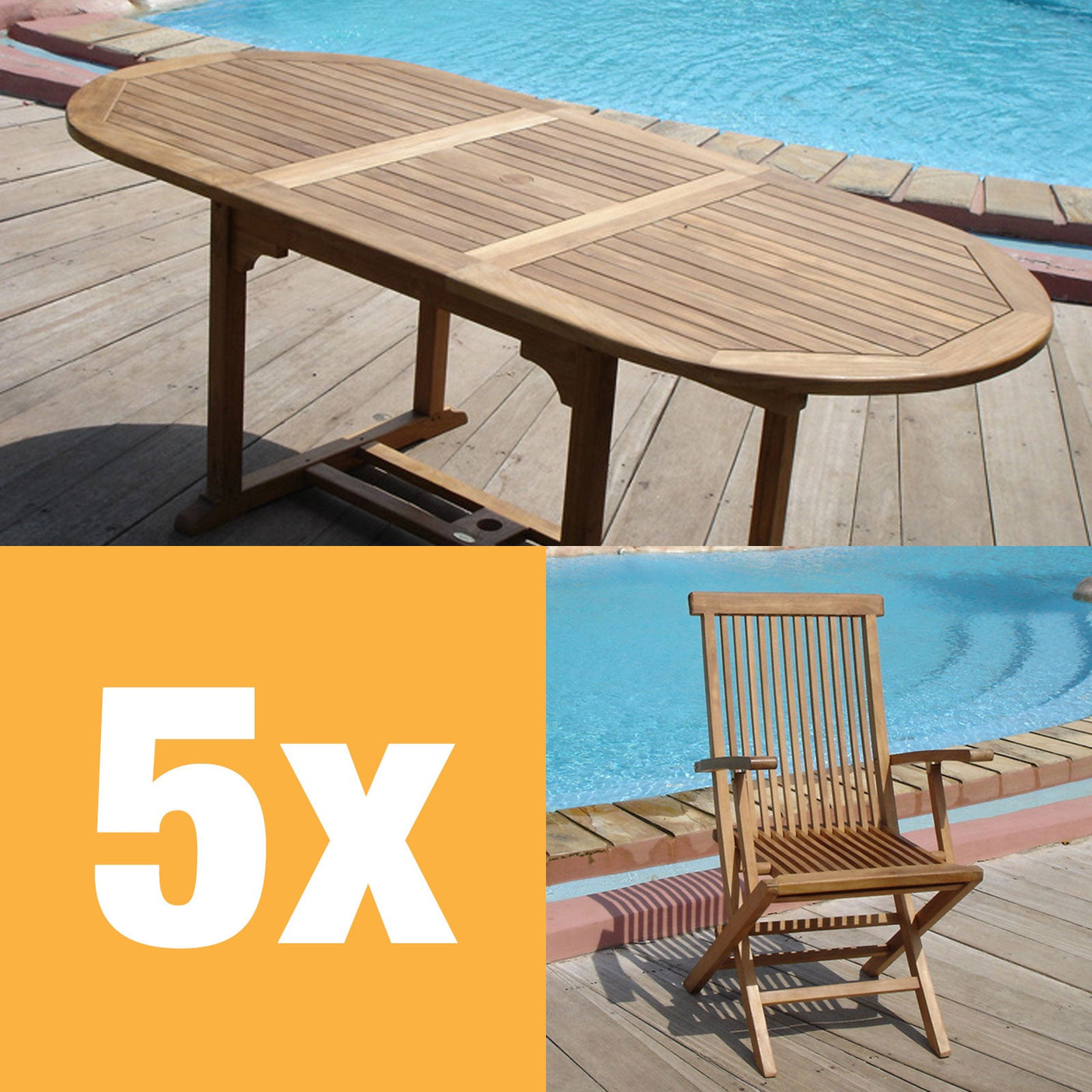Ensemble Raffles 200 composé d'une table extensible Denver 200/150 x 90 et de chaises pliantes Raffles avec accoudoirs en teck certifié GRADE A + ferrures en laiton