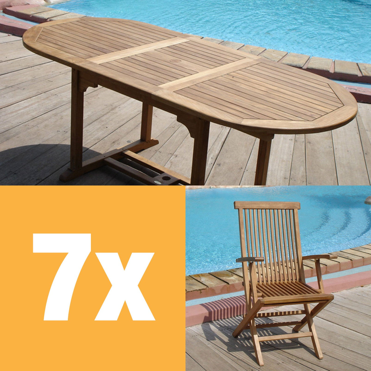 Ensemble Raffles 200 composé d'une table extensible Denver 200/150 x 90 et de chaises pliantes Raffles avec accoudoirs en teck certifié GRADE A + ferrures en laiton