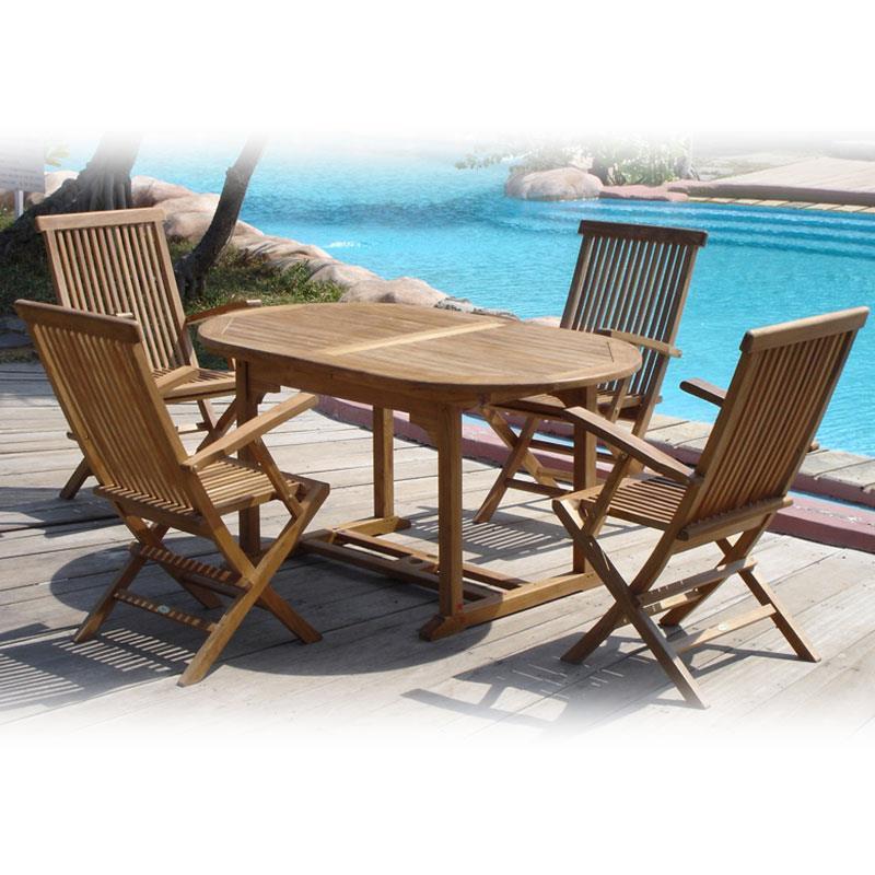 Raffles Set 200 consisting of Denver extending table 200/150 x 90 and Raffles folding chairs with armrests Certified Teak GRADE A + brass fittings