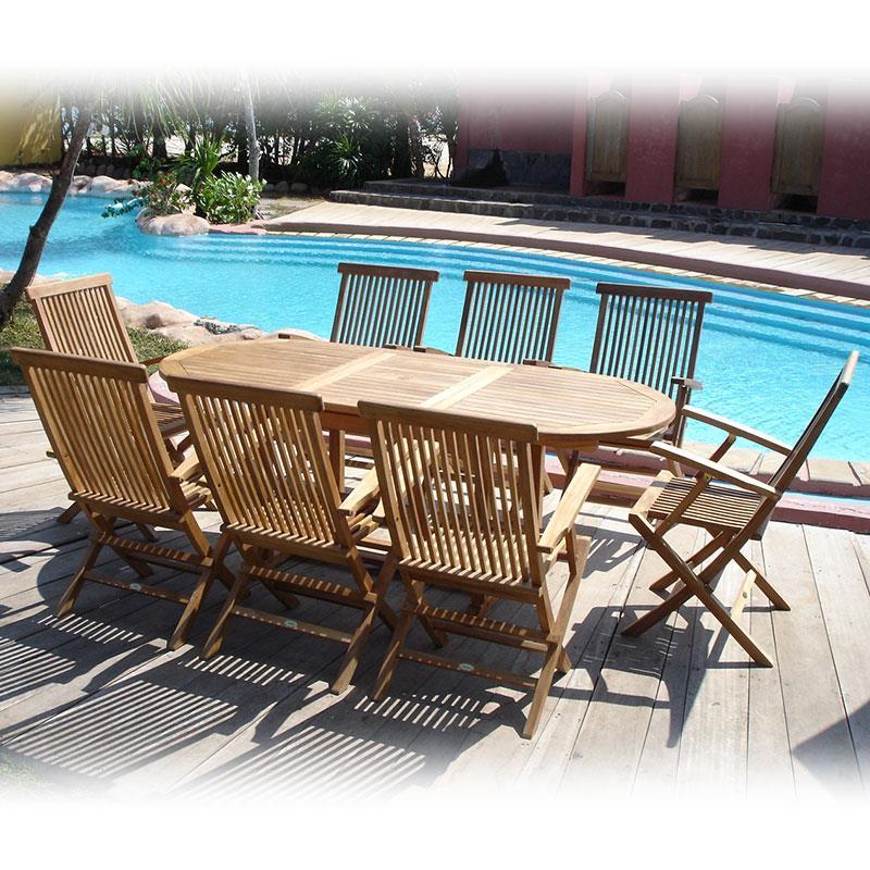 Ensemble Raffles 200 composé d'une table extensible Denver 200/150 x 90 et de chaises pliantes Raffles avec accoudoirs en teck certifié GRADE A + ferrures en laiton