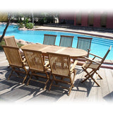 Ensemble Raffles 200 composé d'une table extensible Denver 200/150 x 90 et de chaises pliantes Raffles avec accoudoirs en teck certifié GRADE A + ferrures en laiton