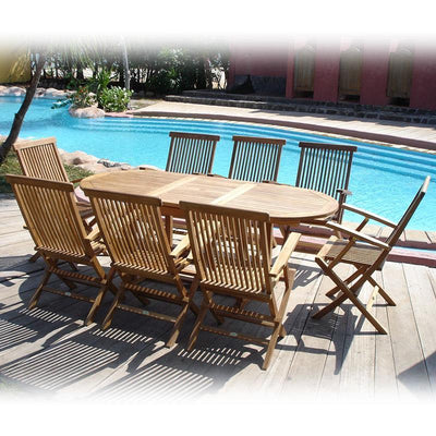 Raffles Set 200 consisting of Denver extending table 200/150 x 90 and Raffles folding chairs with armrests Certified Teak GRADE A + brass fittings