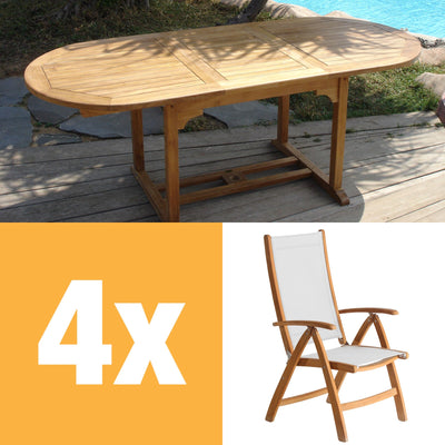 Rivera Hochlehner Set 240 bestehend aus Denver Ausziehtisch 240/180 x 100 und Rivera Hochlehnern Teak mit Batyline und Edelstahlbeschlägen
