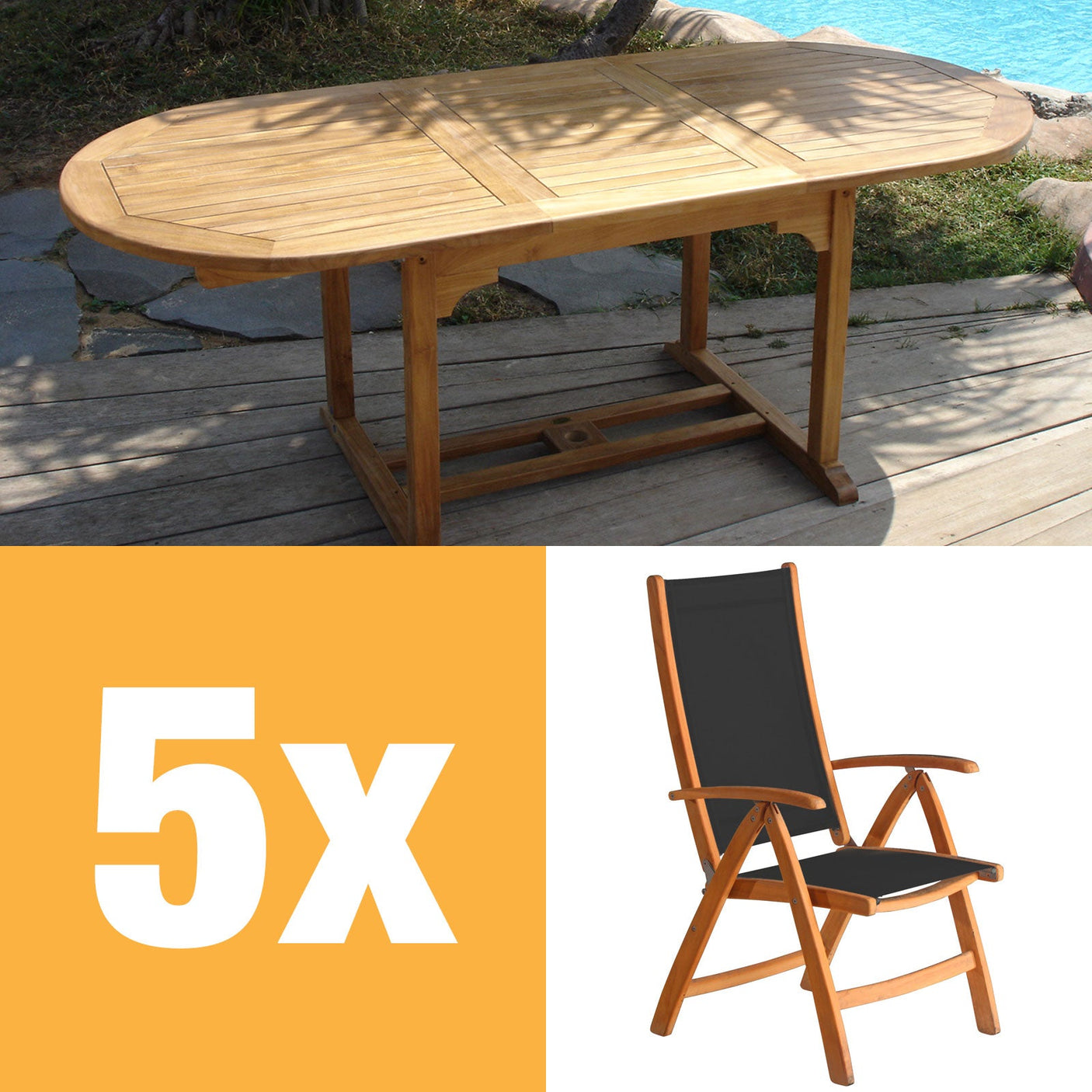 Rivera Hochlehner Set 240 bestehend aus Denver Ausziehtisch 240/180 x 100 und Rivera Hochlehnern Teak mit Batyline und Edelstahlbeschlägen
