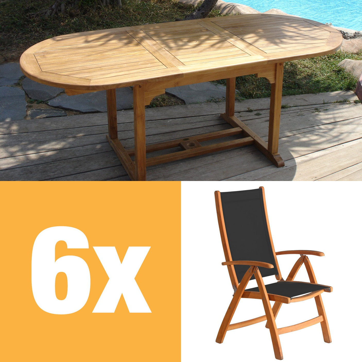Rivera Hochlehner Set 240 bestehend aus Denver Ausziehtisch 240/180 x 100 und Rivera Hochlehnern Teak mit Batyline und Edelstahlbeschlägen