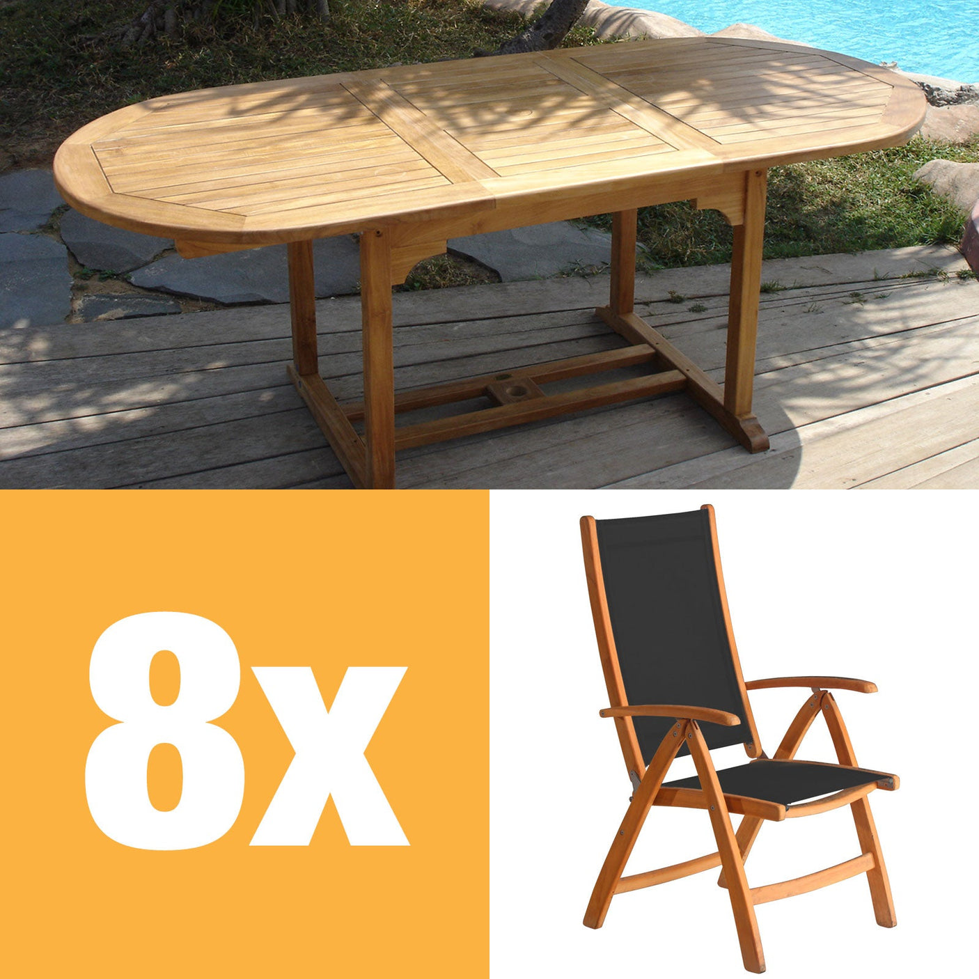 Rivera Hochlehner Set 240 bestehend aus Denver Ausziehtisch 240/180 x 100 und Rivera Hochlehnern Teak mit Batyline und Edelstahlbeschlägen