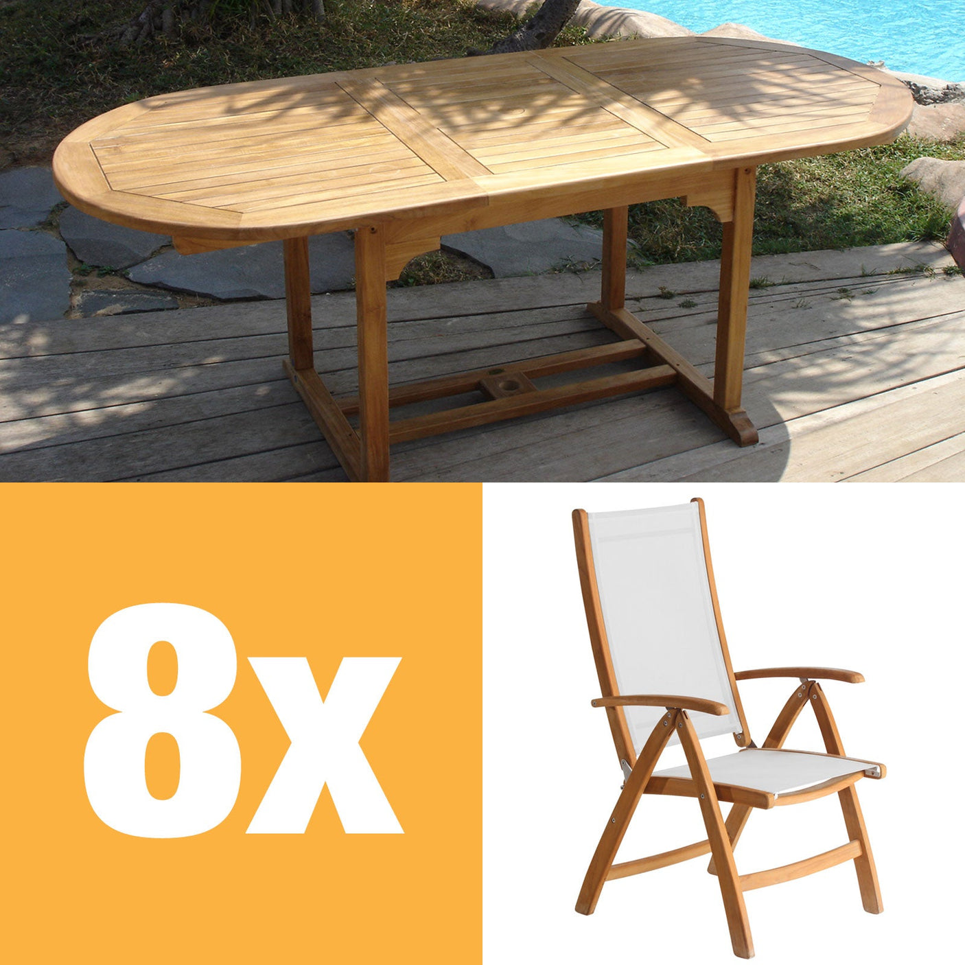 Rivera Hochlehner Set 240 bestehend aus Denver Ausziehtisch 240/180 x 100 und Rivera Hochlehnern Teak mit Batyline und Edelstahlbeschlägen
