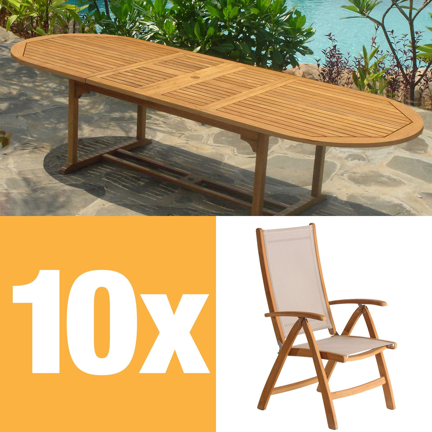 Rivera Hochlehner Set 300 bestehend aus Denver Doppel Ausziehtisch 300/260/220x110 und Rivera Hochlehnern Teak mit Batyline und Edelstahlbeschlägen