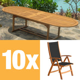 Rivera Hochlehner Set 300 bestehend aus Denver Doppel Ausziehtisch 300/260/220x110 und Rivera Hochlehnern Teak mit Batyline und Edelstahlbeschlägen