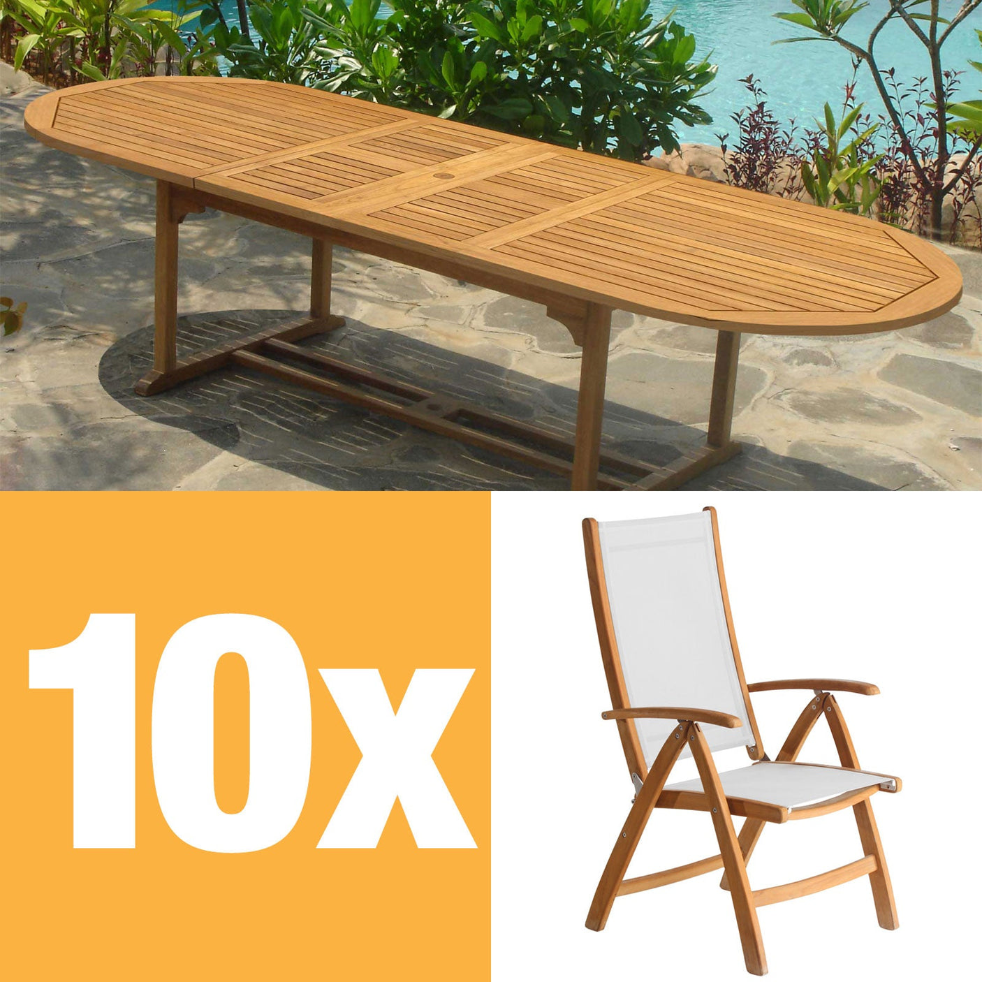 Rivera Hochlehner Set 300 bestehend aus Denver Doppel Ausziehtisch 300/260/220x110 und Rivera Hochlehnern Teak mit Batyline und Edelstahlbeschlägen