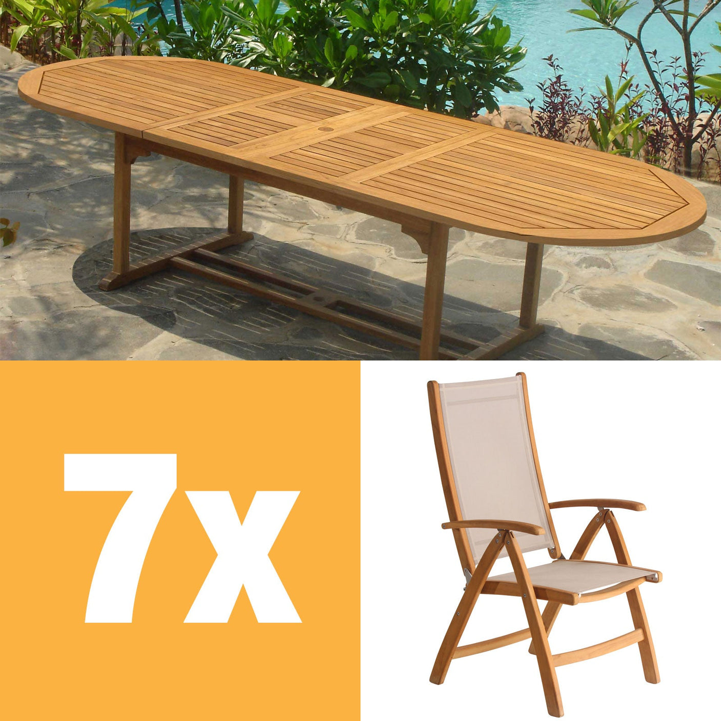 Rivera Hochlehner Set 300 bestehend aus Denver Doppel Ausziehtisch 300/260/220x110 und Rivera Hochlehnern Teak mit Batyline und Edelstahlbeschlägen