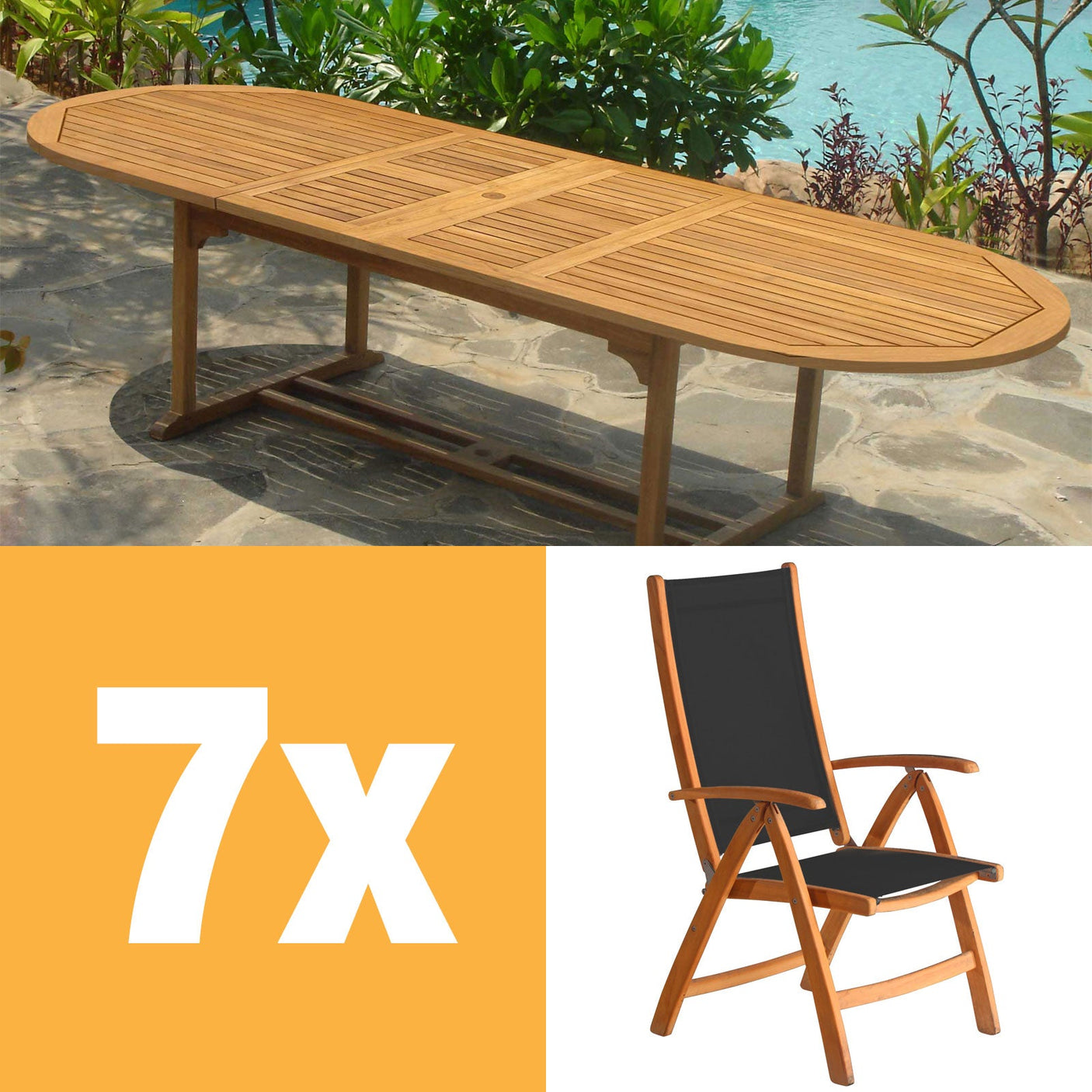 Rivera Hochlehner Set 300 bestehend aus Denver Doppel Ausziehtisch 300/260/220x110 und Rivera Hochlehnern Teak mit Batyline und Edelstahlbeschlägen