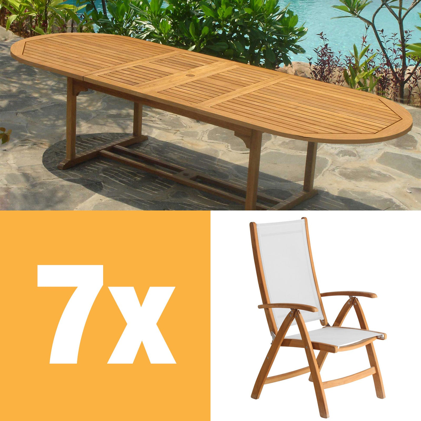 Rivera Hochlehner Set 300 bestehend aus Denver Doppel Ausziehtisch 300/260/220x110 und Rivera Hochlehnern Teak mit Batyline und Edelstahlbeschlägen