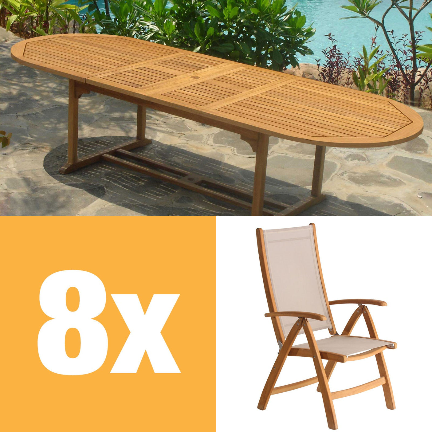 Rivera Hochlehner Set 300 bestehend aus Denver Doppel Ausziehtisch 300/260/220x110 und Rivera Hochlehnern Teak mit Batyline und Edelstahlbeschlägen