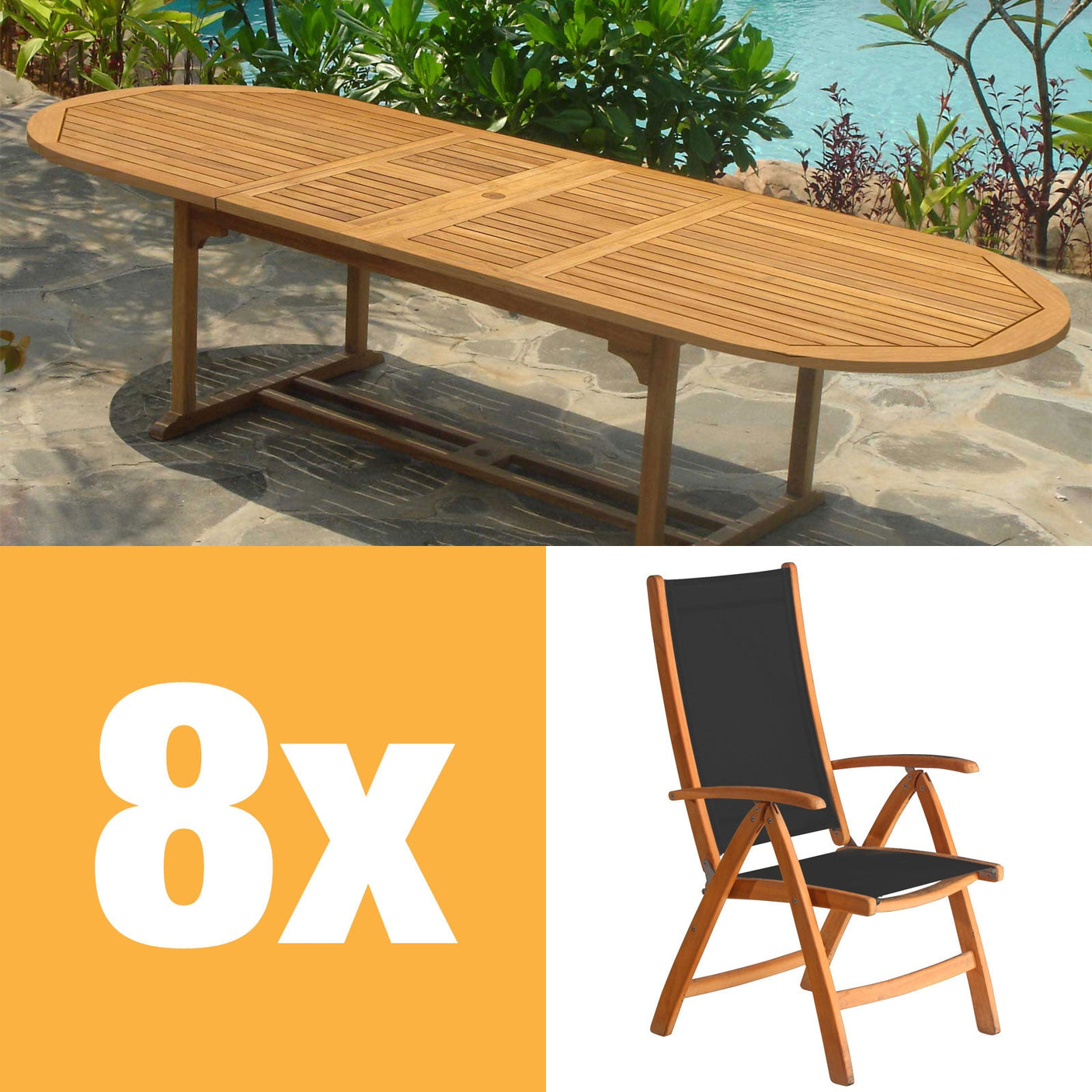 Rivera Hochlehner Set 300 bestehend aus Denver Doppel Ausziehtisch 300/260/220x110 und Rivera Hochlehnern Teak mit Batyline und Edelstahlbeschlägen