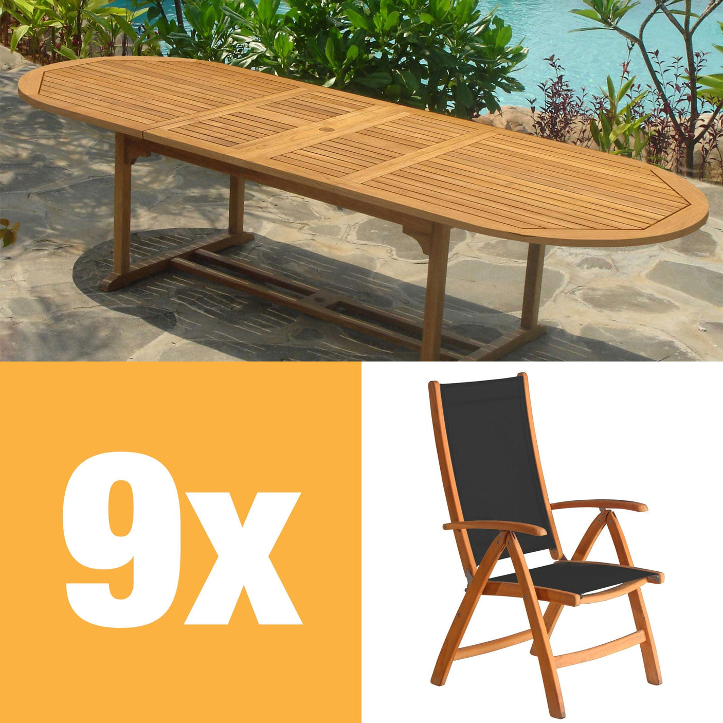 Rivera Hochlehner Set 300 bestehend aus Denver Doppel Ausziehtisch 300/260/220x110 und Rivera Hochlehnern Teak mit Batyline und Edelstahlbeschlägen