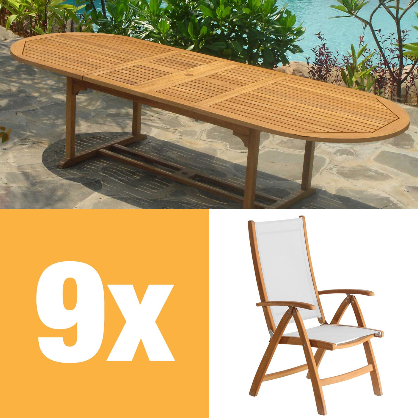Rivera Hochlehner Set 300 bestehend aus Denver Doppel Ausziehtisch 300/260/220x110 und Rivera Hochlehnern Teak mit Batyline und Edelstahlbeschlägen