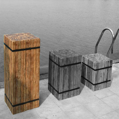 Teakpodest eckig "groß" aus Recyclingteakleisten umreift mit Eisenbändern