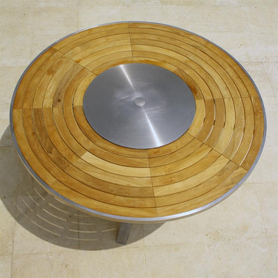 Table Signature ronde 137 cm en teck avec plateau rotatif en acier inoxydable