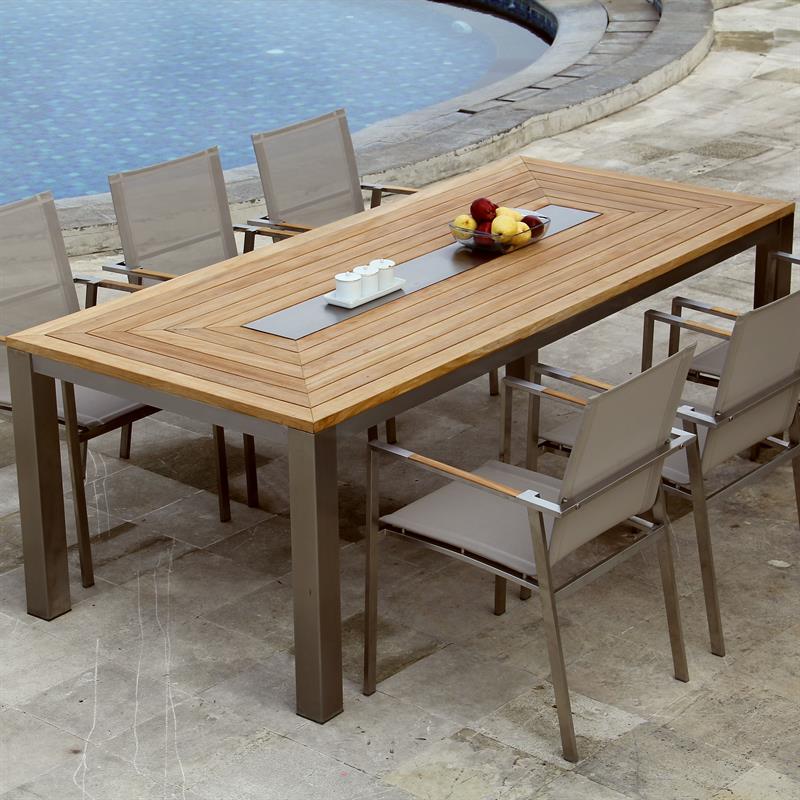 Signature rectangular table 220 x 100 x 76 cm teak with stainless steel shelf in the middle