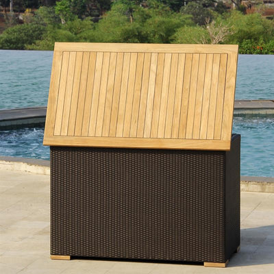 Coffre hybride imperméable en osier 137x78x90 cm avec coffre intérieur en aluminium et plateau en teck