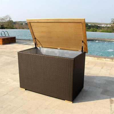 Coffre hybride imperméable en osier 137x78x90 cm avec coffre intérieur en aluminium et plateau en teck