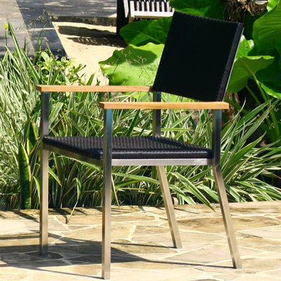 Ensemble de table à rallonge frontale Florence 310 composé d'une table à rallonge frontale Florence 310/210 x 100 avec structure en acier inoxydable et de chaises empilables Florence en osier avec acier inoxydable et teck