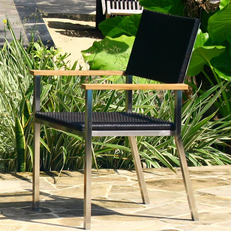 Chaise empilable Florence en osier avec acier inoxydable et teck