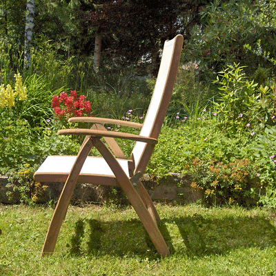 Rivera Hochlehner Set 300 bestehend aus Denver Doppel Ausziehtisch 300/260/220x110 und Rivera Hochlehnern Teak mit Batyline und Edelstahlbeschlägen