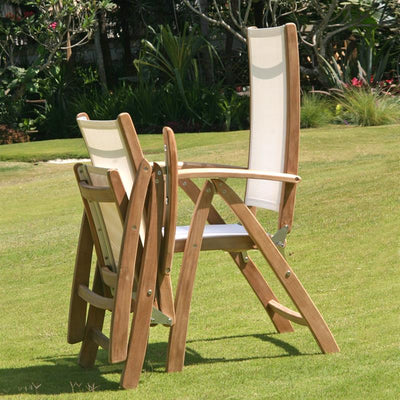 Rivera Hochlehner Set 300 bestehend aus Denver Doppel Ausziehtisch 300/260/220x110 und Rivera Hochlehnern Teak mit Batyline und Edelstahlbeschlägen