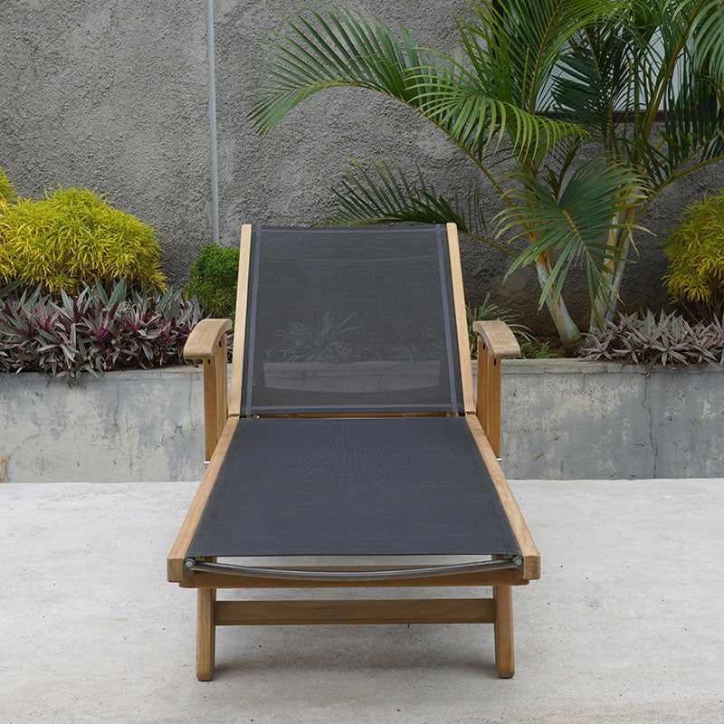 Chaise longue Rivera avec accoudoirs - Teck GRADE A + Batyline + ferrures inox