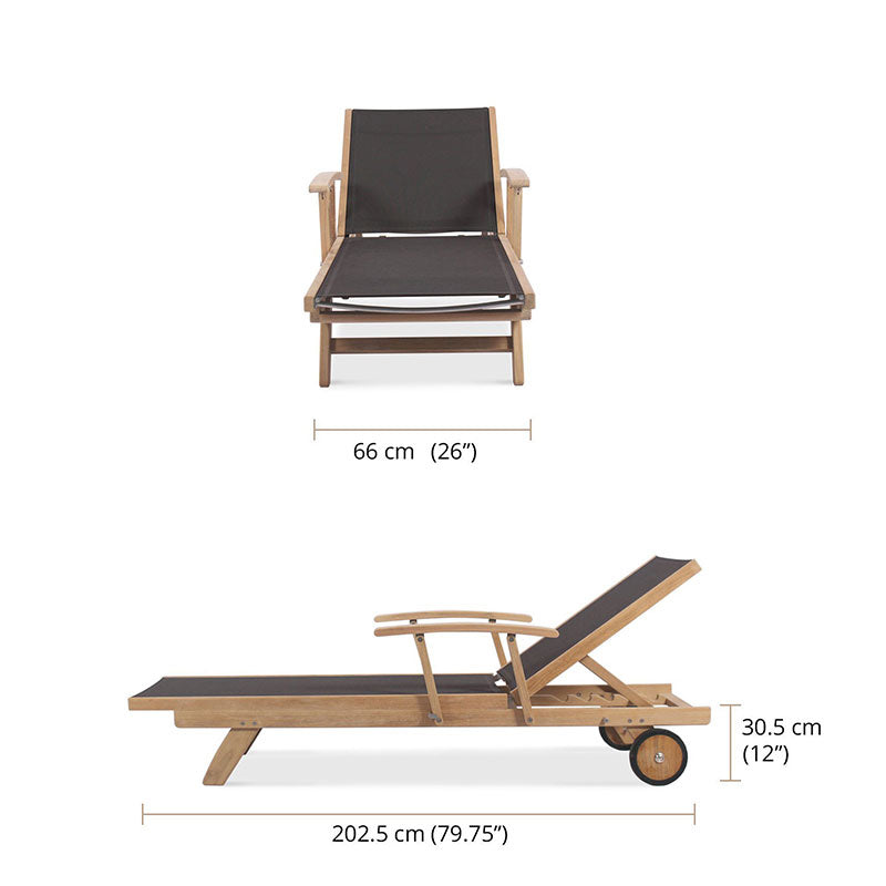Chaise longue Rivera avec accoudoirs - Teck GRADE A + Batyline + ferrures inox