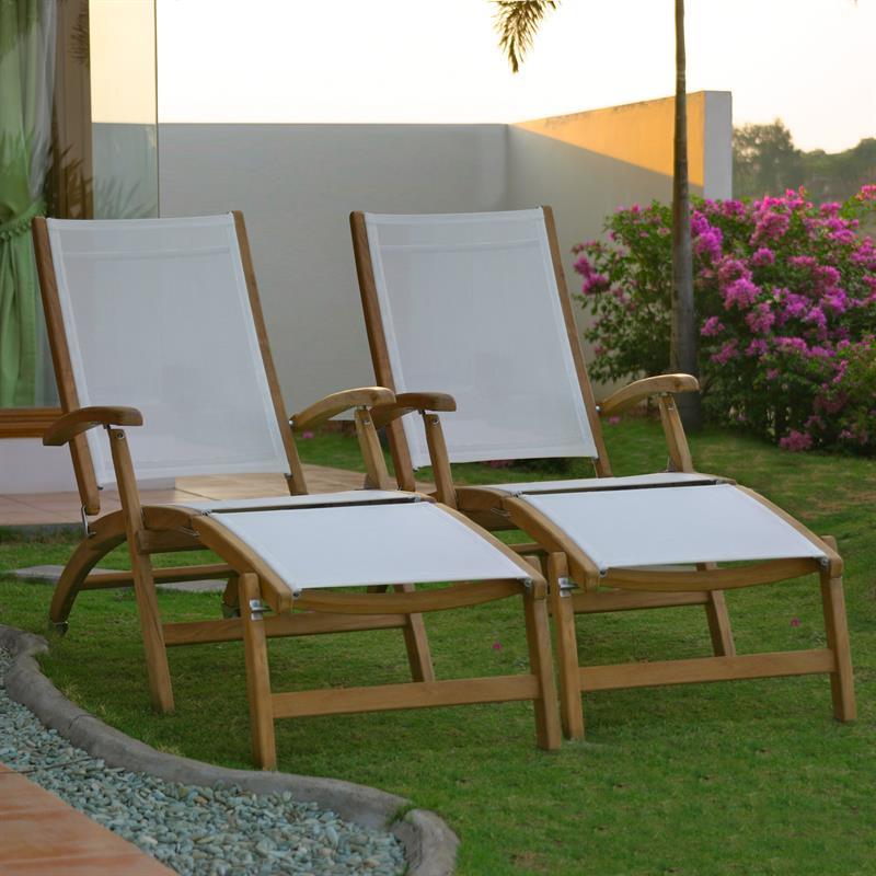 Ensemble de 2 chaises longues Rivera composé de 2 chaises longues en teck GRADE A + Batyline + ferrures en acier inoxydable