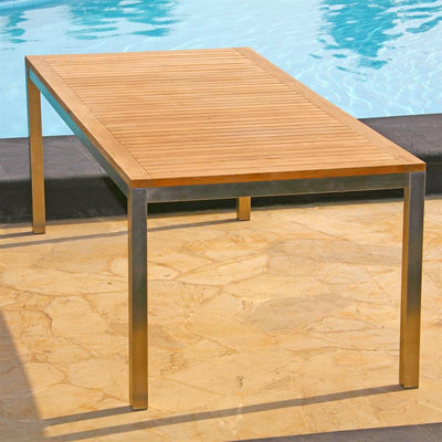 Ensemble Florence 210 composé d'une table à manger Florence 210 x 90 en teck avec acier inoxydable et d'une chaise empilable Florence en osier avec acier inoxydable et teck