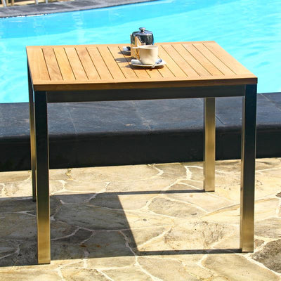 Table à manger Florence 90 x 90 x 76 cm - Teck certifié GRADE A + structure en acier inoxydable